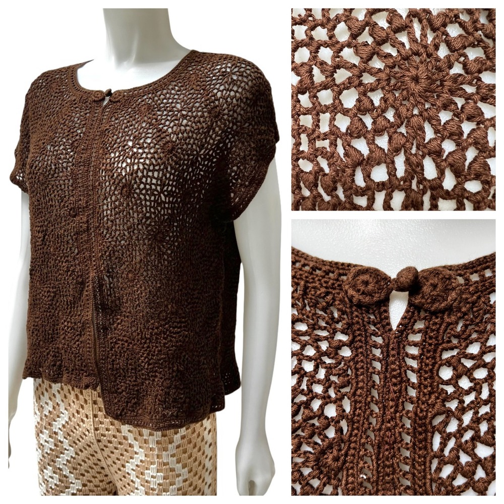 Y2K Jones NY Open Crochet Top Brown XL Mercerized Cotton Boho GrandmacoreVTG